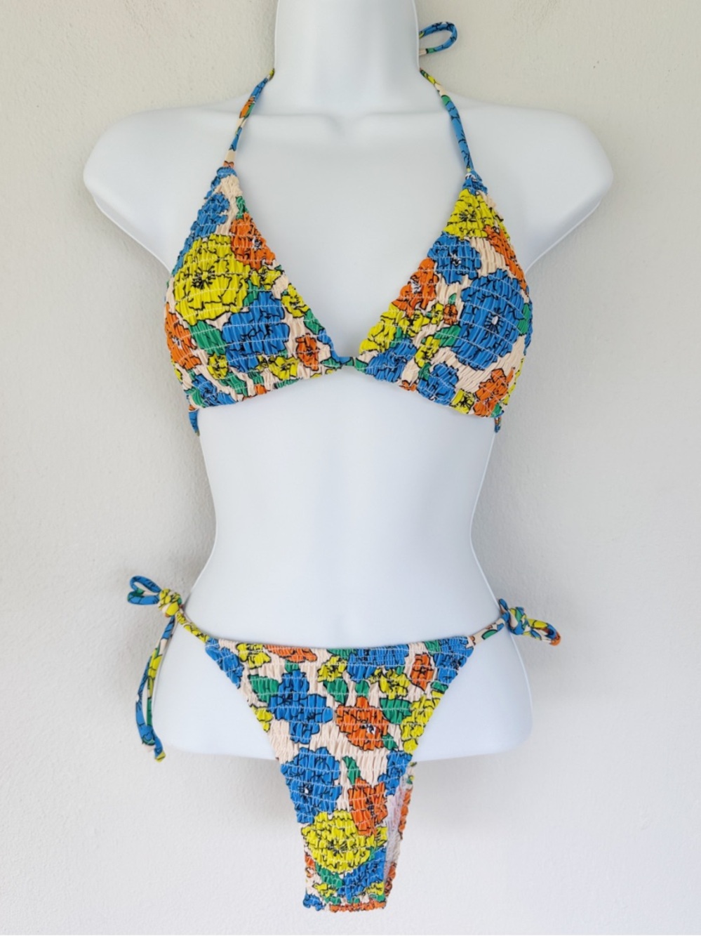 Blue and yellow floral print smocked elastic triangle string bikini size small
